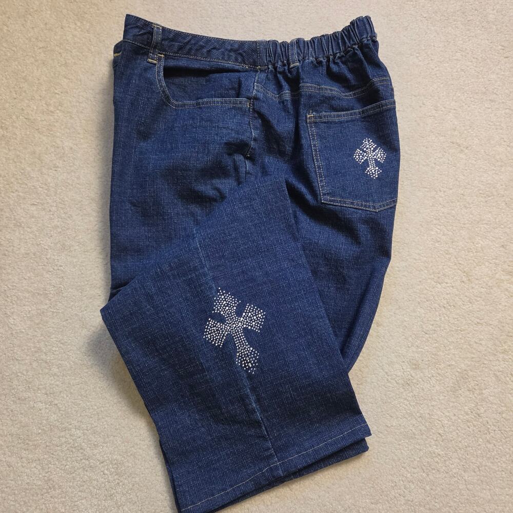 Y2K Quacker Factory 1X Bling Embellished Jeans Flat Front Straight Leg Blue